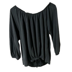 Size small green envelope dark grey blouse with tie detail at bottom